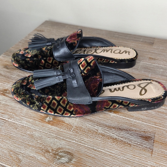 Sam Edelman Black Velvet Floral Tassel Backless Mules - Picture 2 of 6